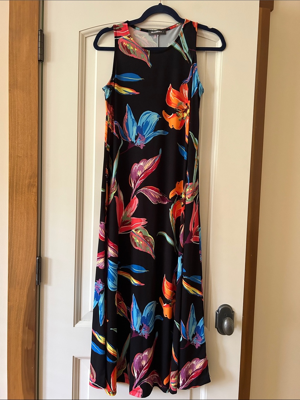 Alembika Black Floral Maxi Dress with Vibrant Multicolor Blooms Wedding or Vacay